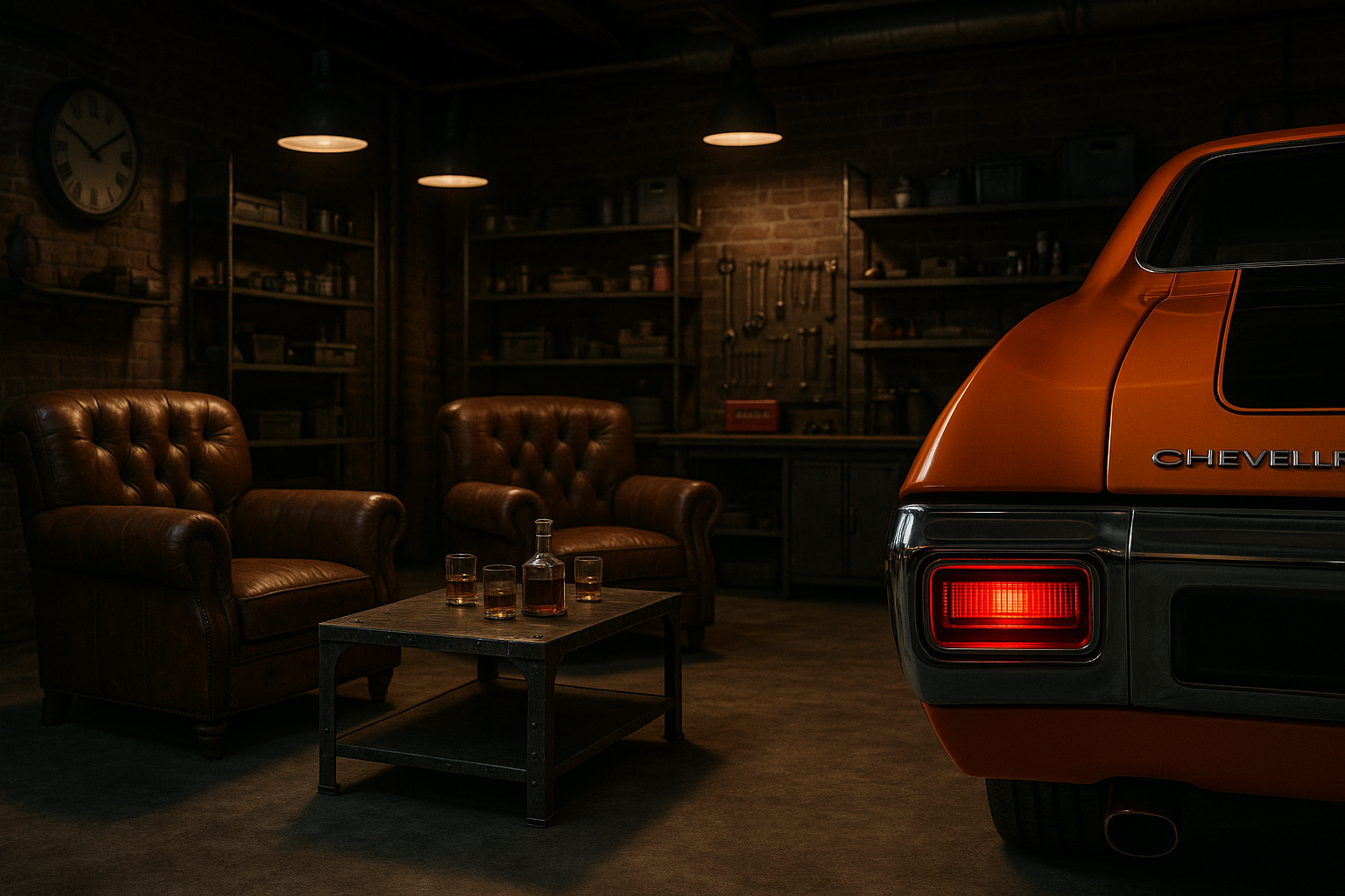 Amerikanischer Muscle Car in moodiger Garagen-Atmosphäre