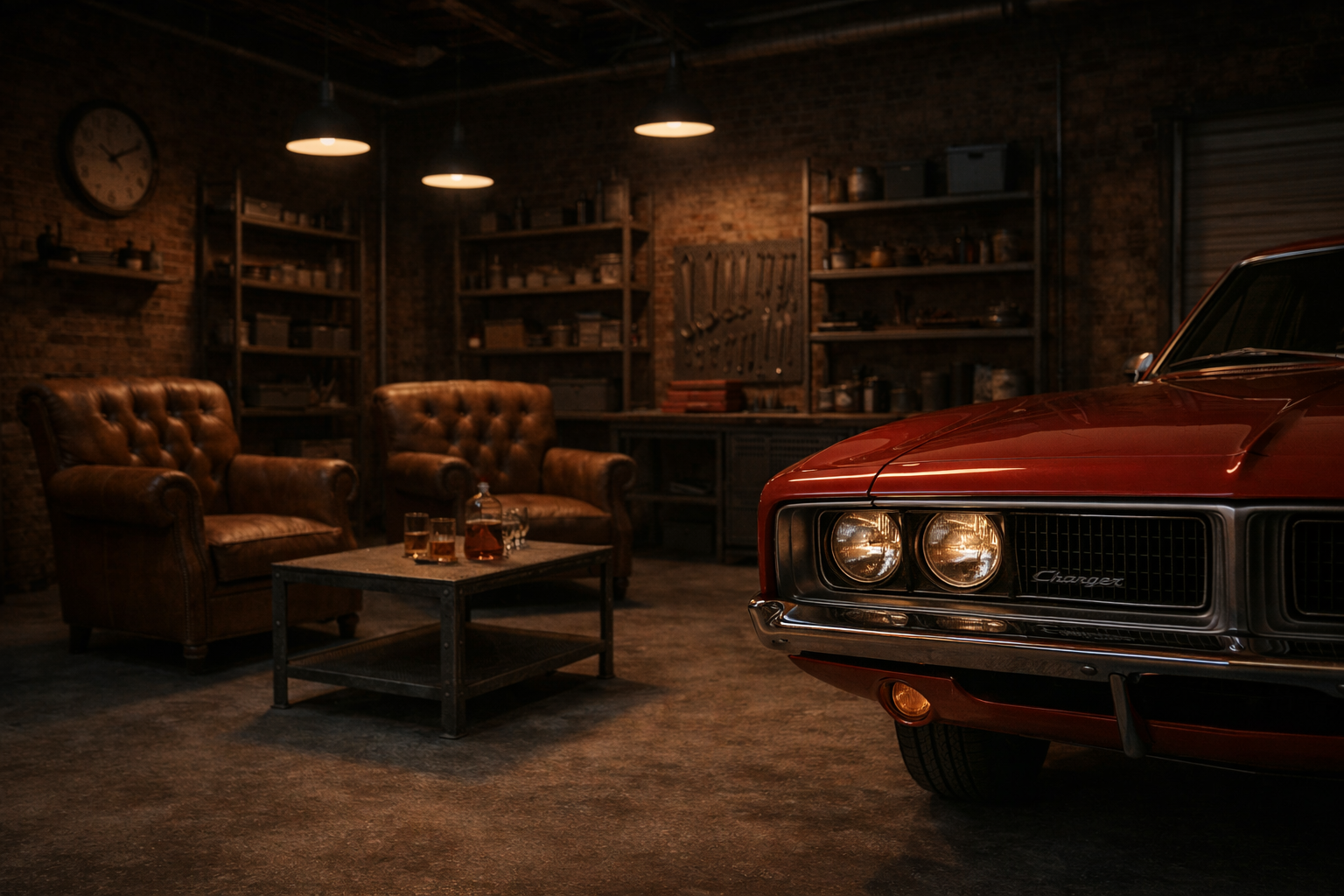 Amerikanischer Oldtimer in moodiger Garagen-Atmosphäre